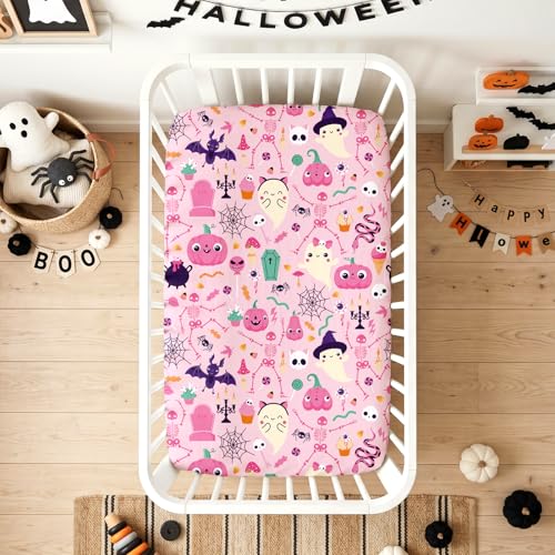 Image of JISEN Halloween Crib Sheet Soft Breathable Skeleton Ghost Fitted Crib Sheets for Standard Crib and Toddler Mattress Baby Bed Sheets for Boys Girls Neutral 52x28 Inch Pink