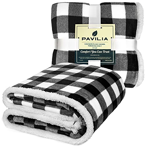 Pavilia Buffalo Plaid Sherpa Blanket King, Black White Check | Fuzzy Checkered Flannel Fleece Blanket For Couch Bed | Fluffy Warm Cabin Plaid Plush Microfiber Blanket | 90X108 #TOP1