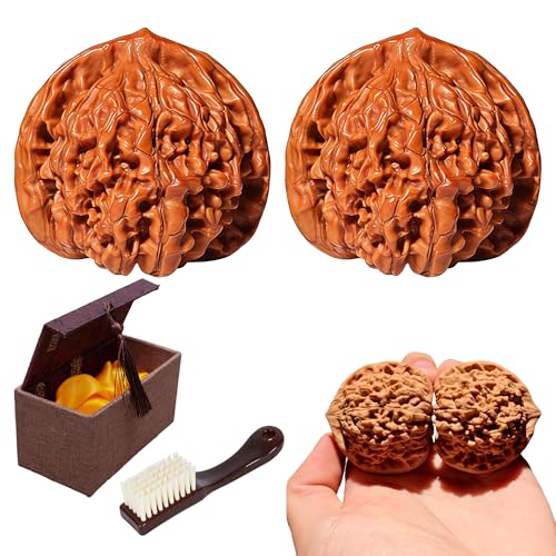 Chinese Walnuts Fidget Unpolished - Natural Premium Wenwan Walnut Polishing for Hand Massage with Gift Box & Brush Gift for Fathers Elders & Collectors (2Pcs)