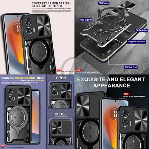 Image of AESTMO Armor Motorola Moto Edge 50 Fusion 5G Bumper Back Case Cover | Ring Holder & CD Pattern Sliding Camera Shutter Cover | Back Case Cover for Motorola Moto Edge 50 Fusion 5G (Black)