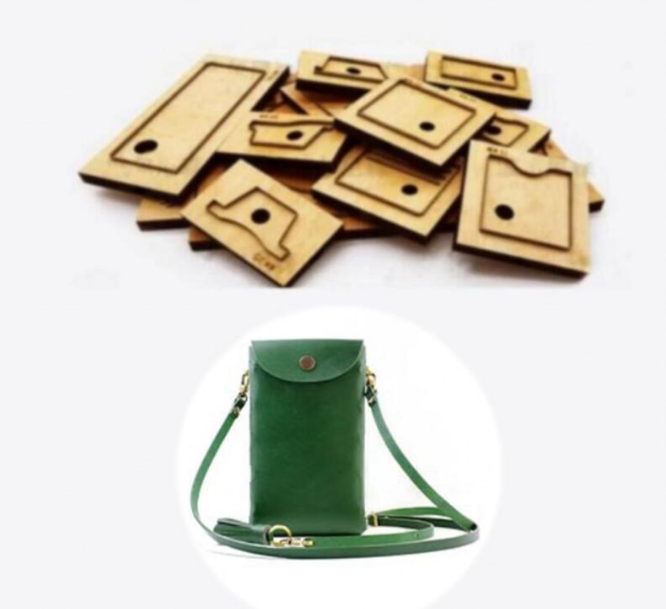 Matrice de découpe pour maroquinerie avec base en bois pour sac à bandoulière en cuir