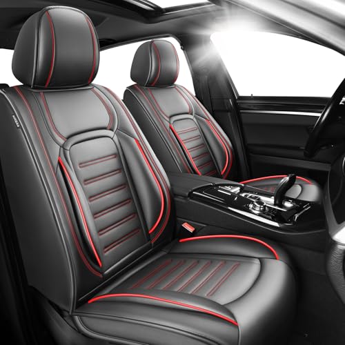 Image of Premium Leather Car Seat Covers Compatible with Chevy Equinox 2011-2025 2026, Breathable, Wear Resistant, Airbag Compatible, All-Weather Protection & Full Coverage, 2 Front Seat Red Line Black