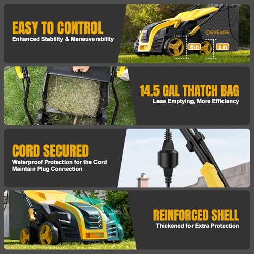 EVEAGE 16-Inch 15-Amp 2-in-1 Electric Dethatcher & Scarifier, Lawn Dethatcher with 5-Position Depth Adjustment, 14.5-Gallon Removable Collection Bag, Quick-Fold Lawn Scarifier for Healthy Lawn