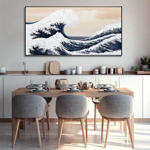 Image of Wave Poster Abstract Wall Art Minimalist Print Abstract Ocean Art Blue And White Framed Canvas Arts Print Paintings for Home Office Decorations 29 inchx58 inch