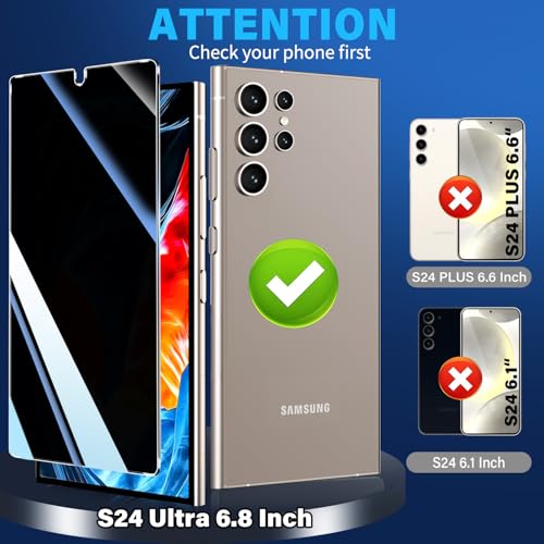 Image of 3 Pack Privacy Screen Protector for Samsung Galaxy S24 Ultra Tempered Glass, 9H+ Hardness, 12FT Military Grade Shatterproof, Auto Alignment Frame, Bubble Free Case Friendly HD Clear 6.8 Inch