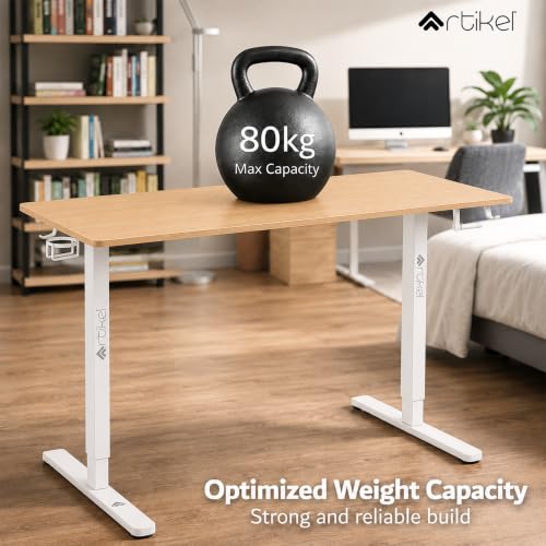 Image of ARTIKEL Manova Height Adjustable Table for Office Work | Manual Adjustable Desk with Hand Crank | Ergonomic Table for Home | 80Kg Wt Lift | Cup Holder, 2 Headphone Hook (140 * 60 - Light Oak)