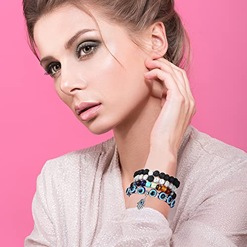 Hicarer 4 Pieces Evil Eye Bracelet Set Hamsa Charm Beaded Chakra Charm Stretch Bracelet for Women(Elegant Style)4