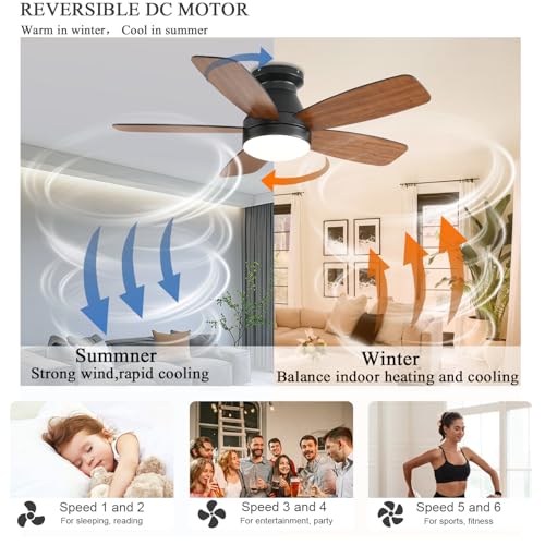 Image of JSAITEE Ceiling Fans with Lights, 42 Inch Low Profile Ceiling Fan with Light and Remote /App Control, Flush Mount, Reversible, 3CCT, Dimmable, Noiseless, Brown Ceiling Fan for Indoor /Outdoor Use