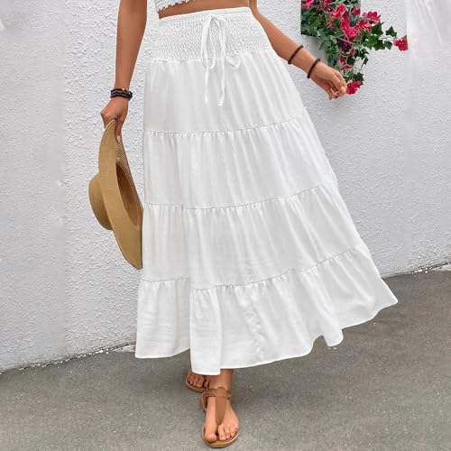 Women Summer High Waist Skirts Casual Elegant Solid Color Bohemian Ruffled A-Line Skirt for Beach Vacation Streetwear3