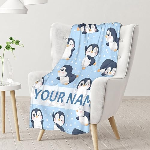 Custom Penguin Blankets with Name - Soft Warm Blanket Throw for Kids, Adults - 30"x40" Small Blankets for Couch, Work - Blue Cute Blanket Gifts