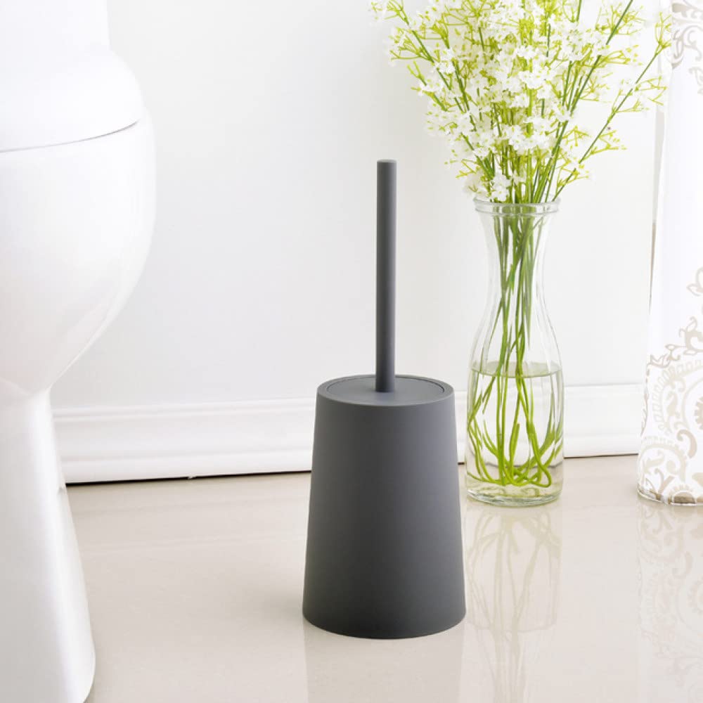 Brosse de toilette noire avec couvercle anti-odeur et base grise, pour entretien de salle de bain