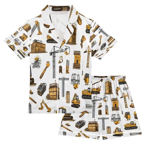 Satin Pajama Sets Short Sleeve Construction Equipment Car Pattern Button Down Silky Nightwear 2 Piece PJS 5-14Y