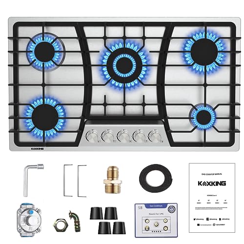 Gas Cooktop, 36 inch Bulit-in Gas Stove Top with 5 Burner,Five Burner Propane Cooktop with Thermocouple Protection, Stainless Steel