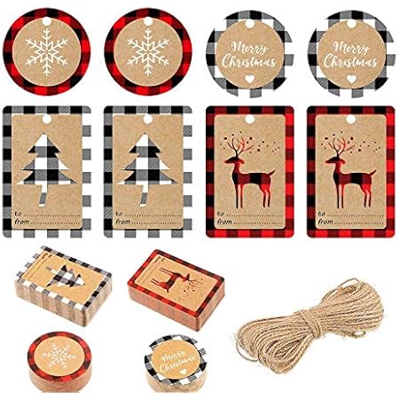 200 Pieces Christmas Paper Tags Christmas Hang Labels Christmas Stickers with Red Black Plaid and White Black Plaid Snowflake Christmas Tree Elk ...