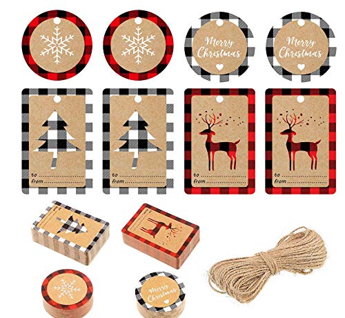 200 Pieces Christmas Paper Tags Christmas Hang Labels Christmas Stickers with Red Black Plaid and White Black Plaid Snowflake Christmas Tree Elk Patterns and 66 Feet Twine Rope for Christmas
