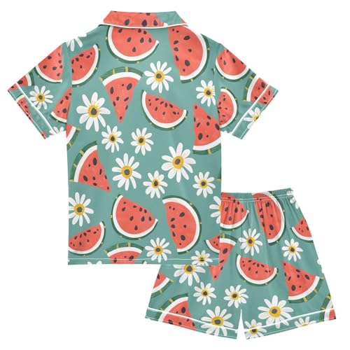 ALAZA Watermelon Daisy Floral Pajamas Satin Pajama Set Short Sleeve Button Down Sleepwear2