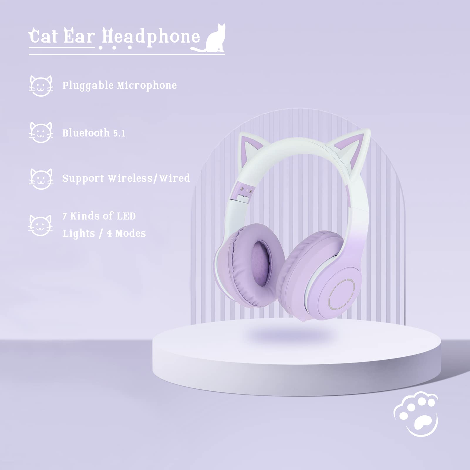 Casque Chat, casque sans fil Bluetooth 5.1 Chat, câble AUX 3.5mm, casque pliable, bandeau ajustable, mic détachable, 7 couleurs de lumières LED et 4 modes LED, convient aux filles et adultes (Violet)