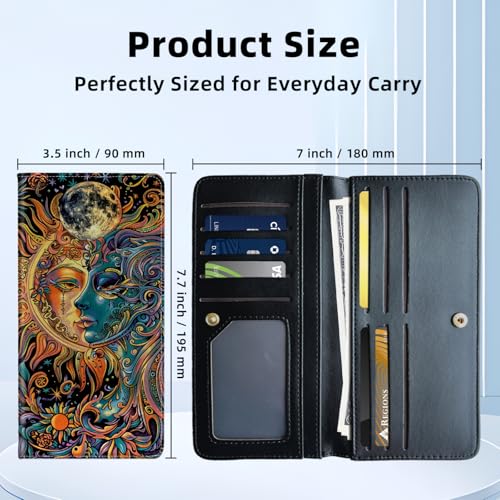 Womens Wallet,RFID Blocking Credit Card Slim Thin Holder,Long Bifold PU Leather Card Organizer,Cash Clutch Billfold Pocket Ladies Minimalist Travel Wallets,Sun and Moon3