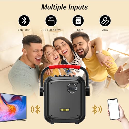 Portable Karaoke Machine with 2 Microphones, TONOR Karaoke Machine for Adults with 5400mAh Battery, Bluetooth 5.0 Karaoke Speaker Set Supports BT/TF/USB/AUX, Rechargeable PA System with TWS/FM/REC K7 - Thumbnail 4