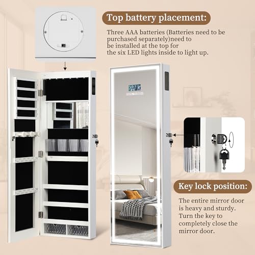 chaoguan LED Mirror Jewelry Cabinet with Bluetooth Speaker, Wall/Door Mounted Jewelry Organizer Armoire, Full Length Lighted Mirror with Jewelry Storage,Jewelry Box Standing for Women