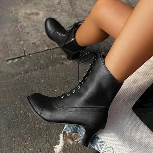 Victorian Boots for Women Vintage Granny Renaissance Ankle Boots Low Heel Lace Up Booties with Zipper, Dressy Mid Calf Booties Comfortable Chunky Block Heels Costume Shoes2