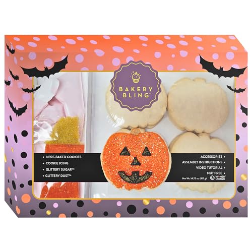 Jack-o-Lantern Cookie Decorating Kit – Halloween Cookie Kit with 8 Pre-Baked Pumpkin Shaped Vanilla Cookies, Icing, Glittery Sugar, Edible Decorations – DIY Halloween Activity for Kids, Families, Parties