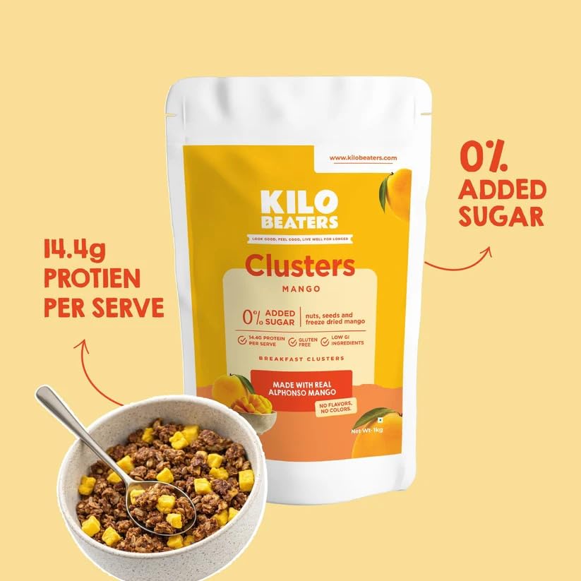 Image of Kilobeaters Mango Breakfast Clusters with Real Freeze-Dried Alphonso Mango | High Protein Granola | No Added Sugar | Gluten Free | Healthy Cereal for Breakfast & Snacking 400g