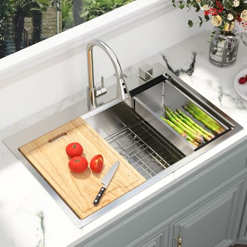 Image of Kichae 33 Drop In Kitchen Sink with Faucet- Stainless Steel Sinks 33 x 22 Workstation Sink Topmount Overmount Single Bowl Handmade Basin All Accessories Included
