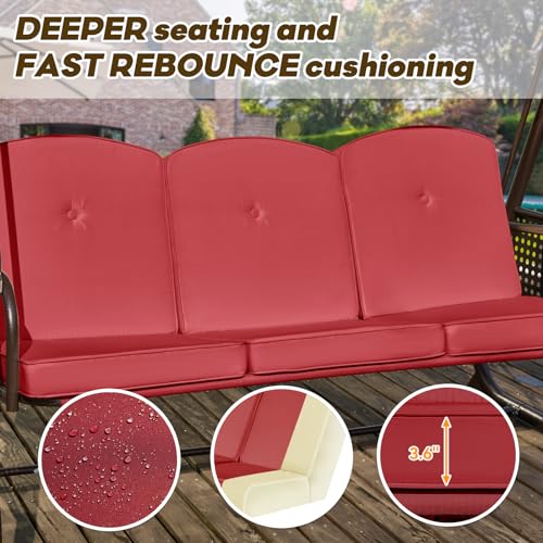 Image of 3 in 1 Outdoor Porch Swing with Adjustable Canopy, 3 Seat Outdoor Swing for Adults, Patio Swing Chair with Thickened Cushions,Pillows & Cup Holders for Backyard, Porch, Garden (Wine Red)