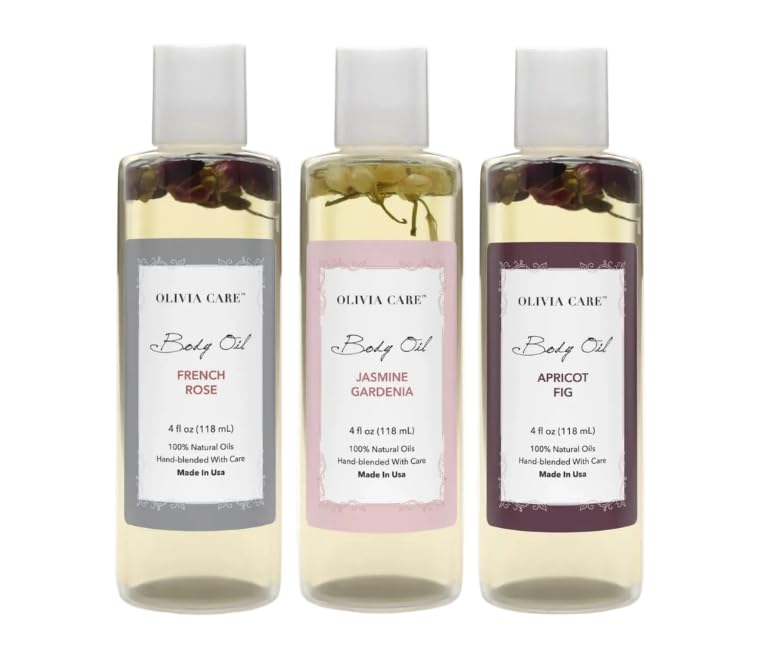 Olivia Care 3 Pack Body Oils: Apricot Fig, French Rose, Jasmine Gardenia - Natural Perfume Oils For Women & After Bath Oils Body Moisturizers, Rich in Vitamin E, K, & Omega (3 Scents)
