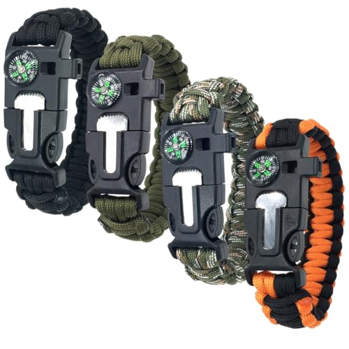 4 Stück Survival Armband, 5 in 1 Outdoor Survival Kit für Herren Damen, Outdoor-Überlebensarmband mit Feuerstein + Kompass + Pfeife + Schirmseil + Mini-Säge, Paracord-Armband für Camping, Wandern