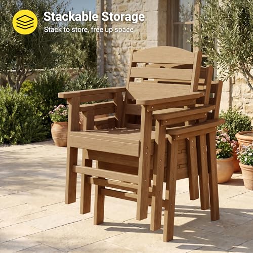 Image of HDPE Outdoor Dining Chairs Set of 2 | Weather Resistant Patio Stackable Chairs for Garden, Backyard, Lawn and Poolside, Teak