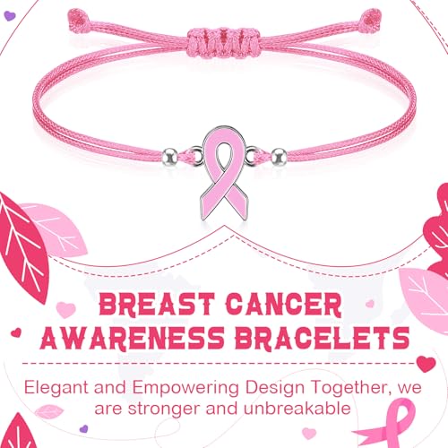 80 Pcs Breast Cancer Awareness Bracelets Adjustable Pink Ribbon Cord Fan Strap Braided Bracelet Motivational Breast Gifts for Women Cancer Fighter3