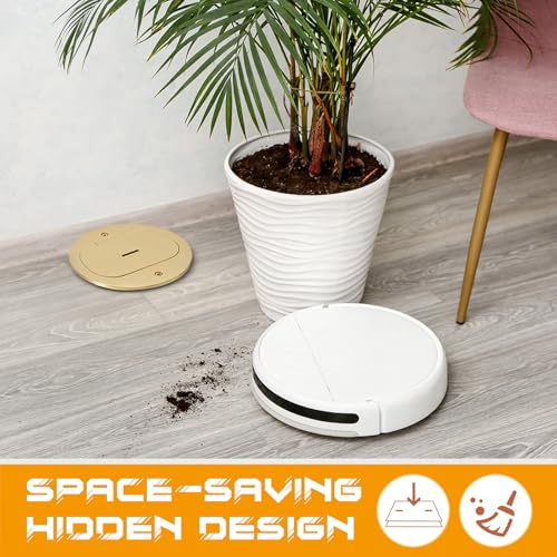 Image of Round Brass Recessed Floor Outlet Box, UL Listed Low Profile Hidden Flip-up Floor Outlet, 20A Tamper Resistant Receptacle with Watertight Gasket for Living Room, Office, Conference Room