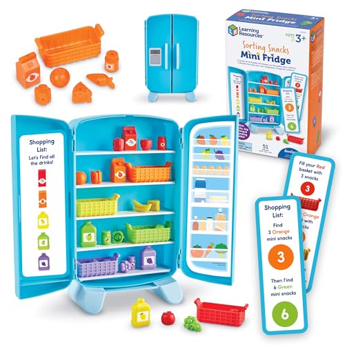 Learning Resources Sorting Snacks Mini Fridge - Play Food, Toddler Kitchen, Montessori , Color Sorting Sensory, Gifts for Boys and Girls, Preschool Games, Fine Motor Skills, Counting, Kindergarten