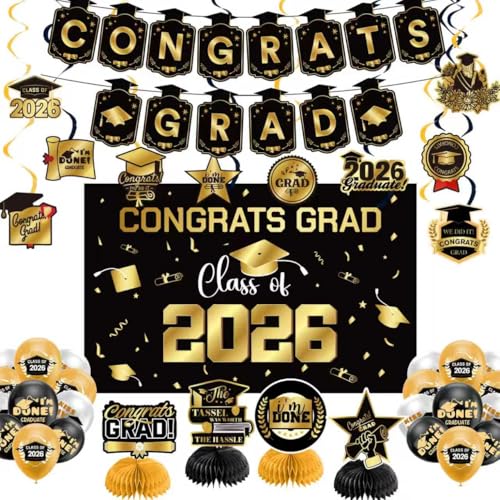Graduation Decorations 2026 Gold Themed Set - Congrats Grad Banner, Class of 2026 Backdrop, Balloons & Streamers Kit - Complete Party Supplies for High School & College Celebrations