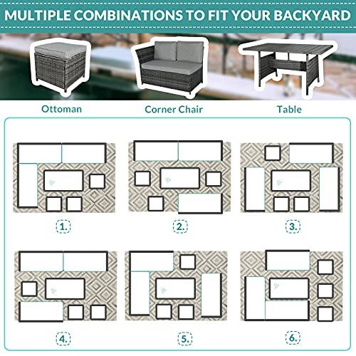 Meetwarm 7 Pieces Wicker Patio Furniture Set Outdoor Conversation Set All Weather Rattan Sectional Sofa Couch Garden Dining Table Chair Set With Ottoman (Gray) #TOP5