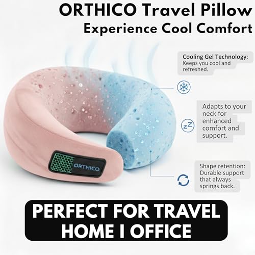 Image of Neck Pillow for Travelling, Pink | Cooling Gel Memory Foam, Ergonomic Design, For Car & Flight, Office Chair Support, Compact