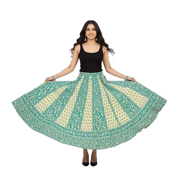 Image of HARSHITA-Enterprises Jaipuri Women's Cotton Printed Elastic Long Skirts