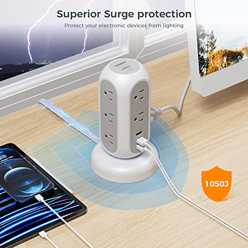 Flat Plug Power Strip Tower, Tessan Ultra Thin Retractable Extension Cord 5 Ft, Surge Protector 11 Outlets With 3 Usb Charging Station, 1050J, Office Supplies, Desk Accessories, Dorm Essentials #TOP3