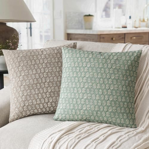 Image of Foindtower Set of 2 Decorative Neutral Floral Print Throw Pillow Covers Vintage Accent Farmhouse Cushion Covers Boho Home Decor for Sofa Couch Chair Bedroom Living Room Outdoor,22x22 Inch,Aqua Blue