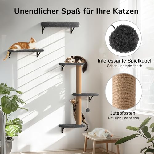 FUKUMARU Kletterwand Katzen Set, 10-teilig Katzen Kletterwand Set, aus robuster Multiplexplatte，Hängematte Katze mit Katzenhaus, Katzenbrücke, Katzenbaum, Katzentreppe bis zu 18 kg, Grau