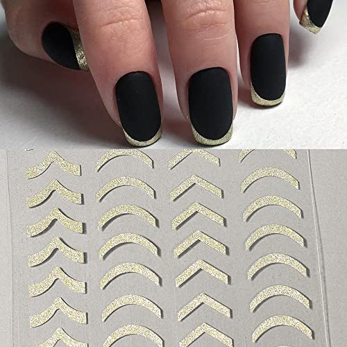 Glitter French Nail Stickers,Sparkly Glitter Gold French Nail Decals 3D Curve Stripe Line Nail Art Stickers Swirl Lines Self-Adhesive Nails Stickers Women Nail Decoration Nail Supplies,6 Sheets/Set #TOP5
