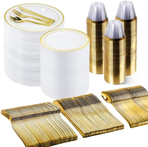 600 Pieces Gold Disposable Plates for 100 Guests, Plastic Plates for Party, Wedding, Dinnerware Set of 100 Dinner Plates, 100 Salad Plates, 100 Spoons, 100 Forks, 100 Knives, 100 Cups