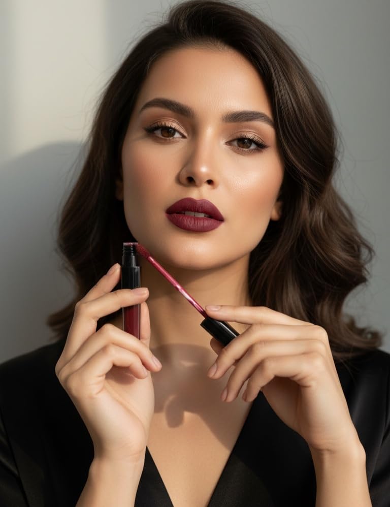Luxury Matte Liquid Lipstick, Long-Lasting Maroon Shade, Professional Makeup Cosmetic with Applicator Wand. Design may vary