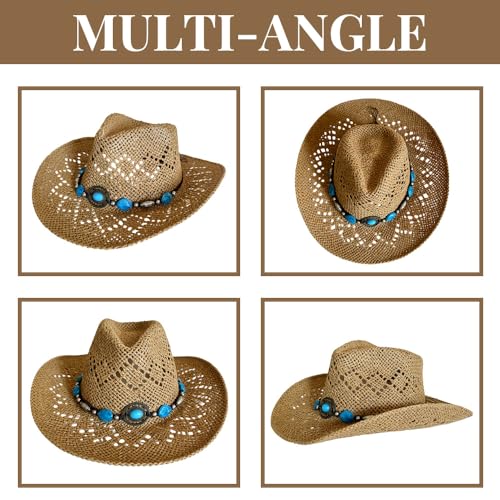Image of Western Straw Cowboy Hats Cowgirl Hat for Holiday Woven Beach Sun Hat with Shapeable Wide Brim Cowboy Hat for Women's /Men's