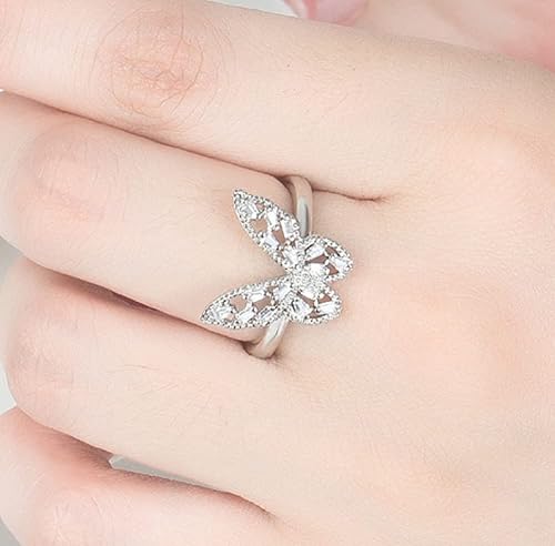 Vista 6 de HUKQBUNX - Anillo de apertura ajustable de acero inoxidable con incrustaciones de mariposa de diamante para mujer, de plata de ley 925, diseño