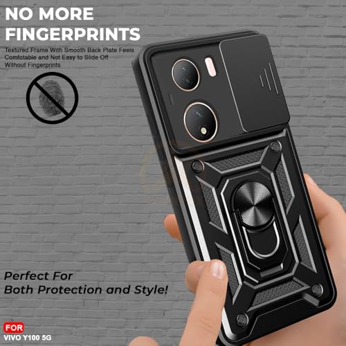 Image of Armor Bumper Back Cover Case for Vivo Y100 5G | Rotating Camera Cover, Ring Holder & Kickstand | Heavy Duty & 360 Degree Protection Vivo Y100 5G Back Cover (Black)