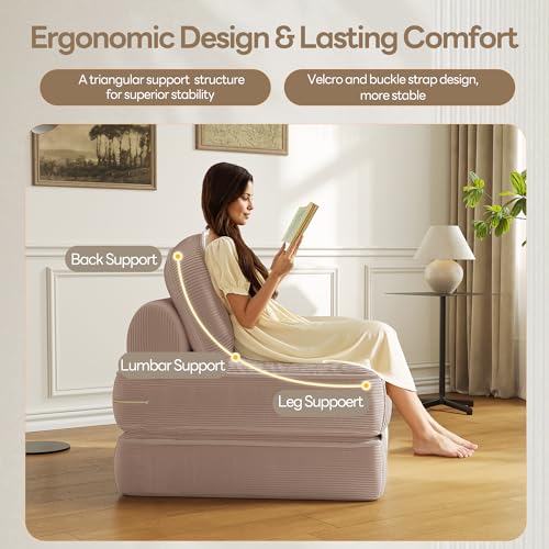 Dowinx Folding Sofa Bed with Pillow, Convertible Comfy Couch Bed for Adults Home Lounge and Gaming, Modern Comfortable Design for Apartment Living Room Bedroom, Single, Ribbed Velvet, Mauve - Thumbnail 5
