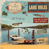 jejeloiu Lake Fabric by The Yard,1 Yard Kids Lakeside Pike Fish Boat Upholstery Fabric for Chairs,Boys Girls Fishing Fabric for Home DIY Projects,Waterproof Indoor Outdoor Decor Natural Scenery